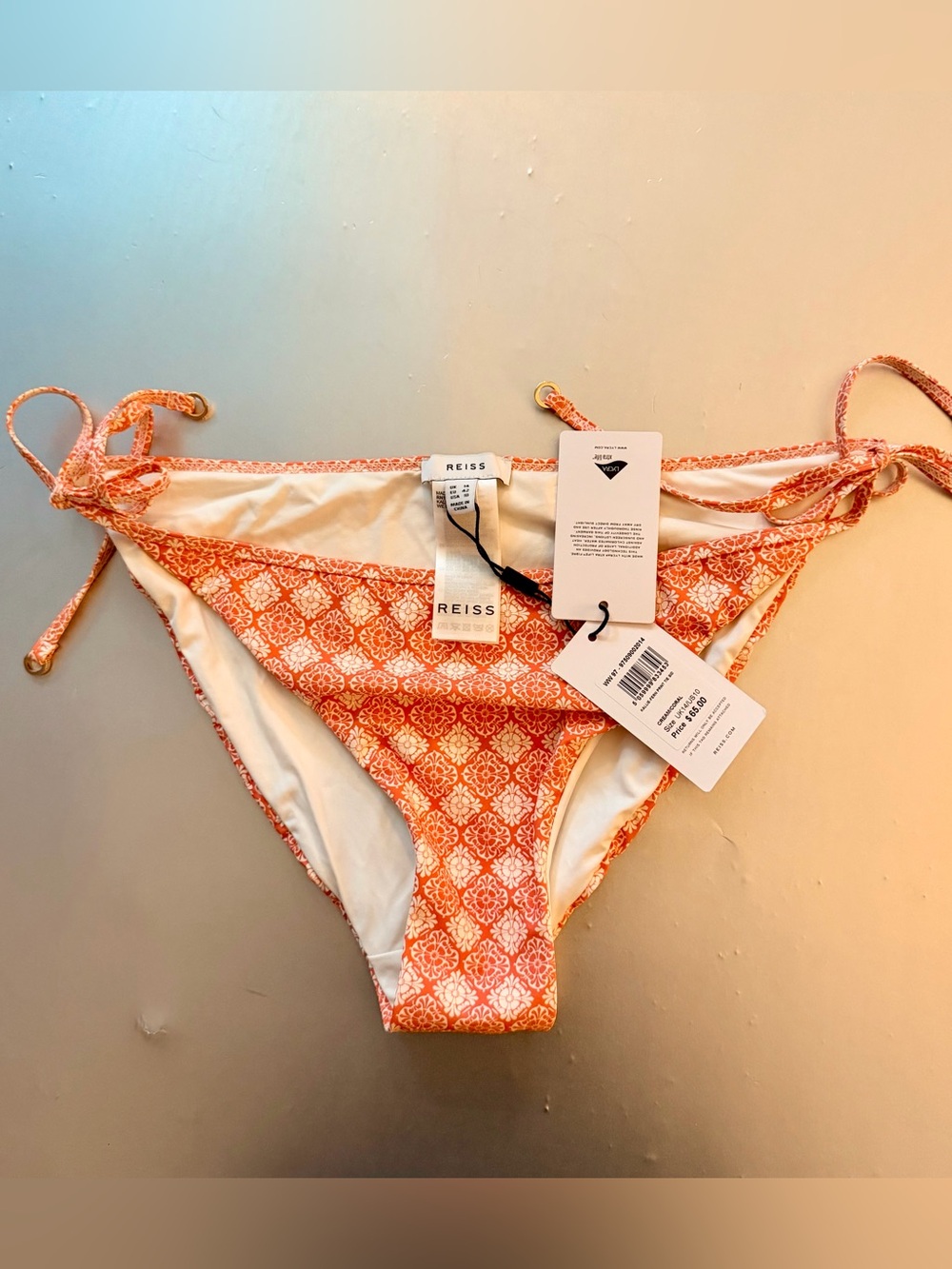 NWT $65 Reiss Orange and White Patterned Tie-Side Bikini Bottom
